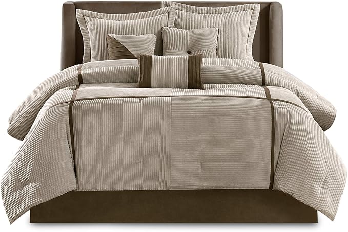 Madison Park Cozy Comforter Set Casual Blocks Design All Season, Matching Bed Skirt, Decorative Pillows, Queen(90"x90"), Dallas Corduroy, Taupe Brown, 7 Piece