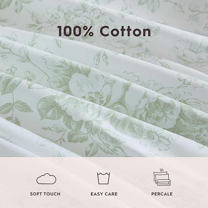 Laura Ashley - Queen Sheets, Cotton Percale Bedding Set, Lightweight & Breathable Home Decor (Toile Delight Green, Queen)