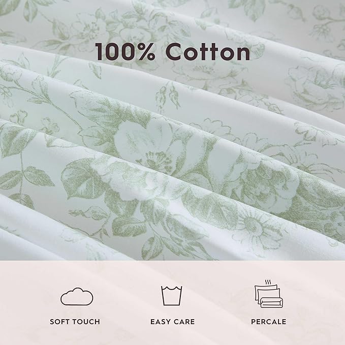 Laura Ashley - Full Sheets, Cotton Percale Bedding Set, Lightweight & Breathable Home Decor (Toile Delight Green, Full)