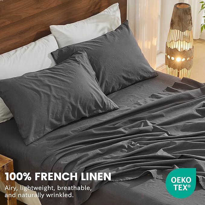 Bedlifes 100% French Linen Sheets Queen Size 18-24”Extra Deep Pocket 4-Piece Set Breathable & Moisture-Wicking,Soft & Durable Sheets for Thick Mattresses(Dark Grey)