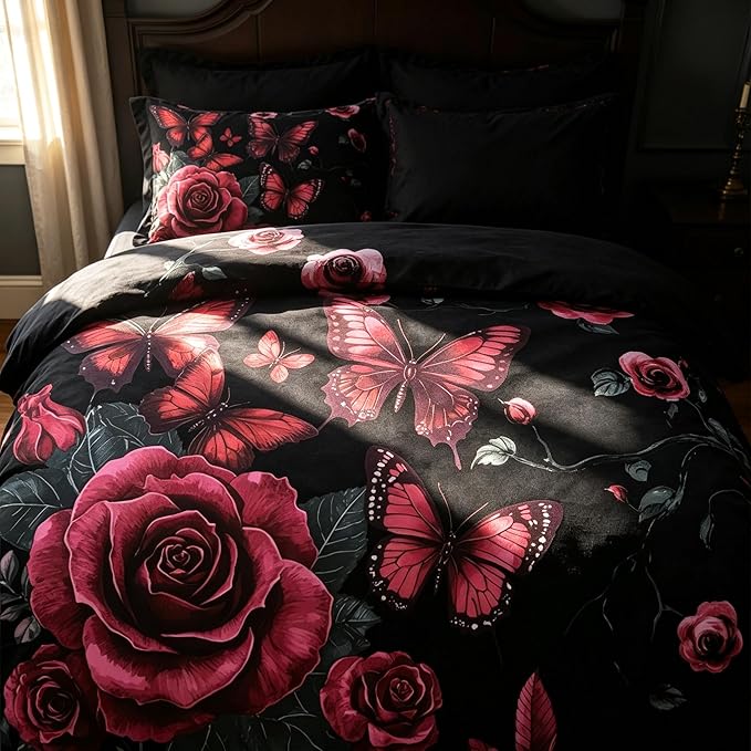 Vintage Floral Comforter Set Queen Size, Black Black Red Floral Bedding Set for Gothic Bedroom Decor, 3 Pieces Soft Microfiber Lightweight Comforter Set with 2 Pillowcases, 90"x90"