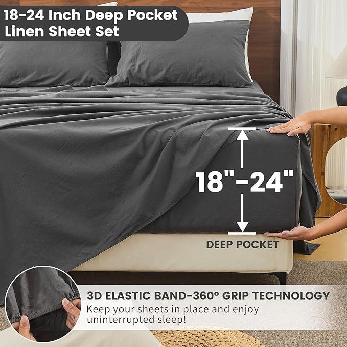 Bedlifes 100% French Linen Sheets Queen Size 18-24”Extra Deep Pocket 4-Piece Set Breathable & Moisture-Wicking,Soft & Durable Sheets for Thick Mattresses(Dark Grey)