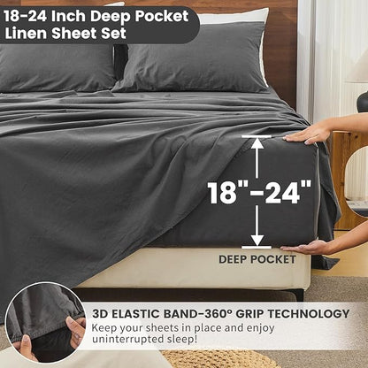 Bedlifes 100% French Linen Sheets Queen Size 18-24”Extra Deep Pocket 4-Piece Set Breathable & Moisture-Wicking,Soft & Durable Sheets for Thick Mattresses(Dark Grey)