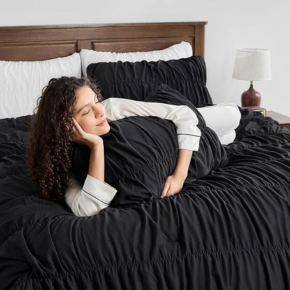Andency Ruched Black Full Size Comforter Sets, Shabby Chic Pleatd Bedding Sets 3 Pieces, Lightweight Soft Boho Ruffle Bed Set for Girls, Kids, Women, All Season