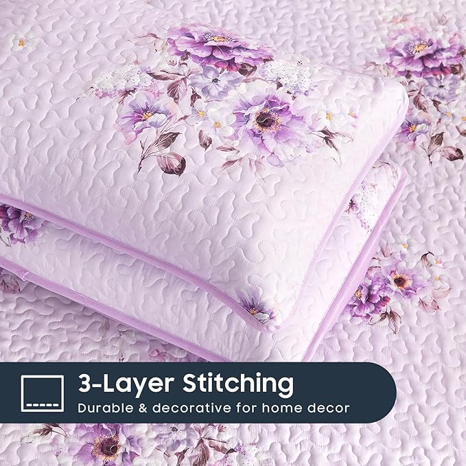 Wake In Cloud - Shabby Chic Quilt Set, Floral Coquette Cottagecore Farmhouse Vintage Flowers, for Women Teen Girls, Reversible Lightweight Bedspread Coverlet, 3 Pieces, Purple, Queen/Full Size
