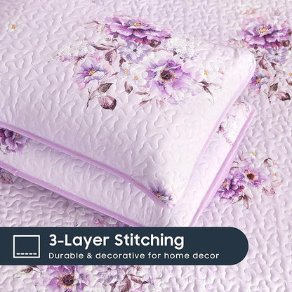 Wake In Cloud - Shabby Chic Quilt Set, Floral Coquette Cottagecore Farmhouse Vintage Flowers, for Women Teen Girls, Reversible Lightweight Bedspread Coverlet, 3 Pieces, Purple, Twin/Twin XL Size