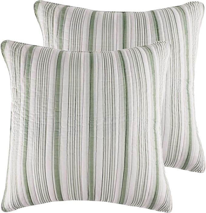 Levtex Home Camden Green Euro Sham - Set of 2 (26x26in) - No Insert - Green and Off-White - Ticking Stripe - Cotton Euro Sham - Lightweight, Soft, Pre-Washed