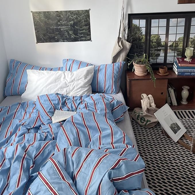 mixinni Vintage Blue & Red Striped Comforter Set Full Size - Soft Cotton 3-Piece Bedding Set (1 Comforter + 2 Pillowcases), Retro Geometric Stripes Pattern, All-Season Lightweight & Breathable