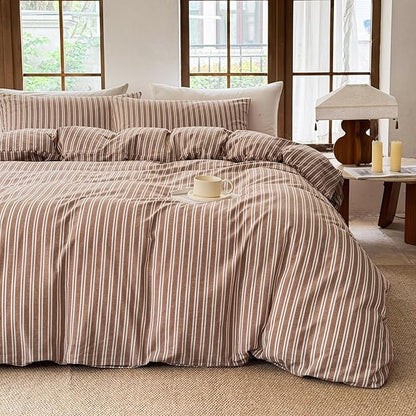 Striped Duvet Cover Set 100% Washed Cotton Linen Like Soft Feelling Breathable Bedding(Burnt Orange/White Strip,Queen)
