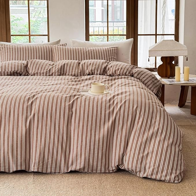 Striped Duvet Cover Set 100% Washed Cotton Linen Like Soft Feelling Breathable Bedding(Burnt Orange/White Strip,Twin)