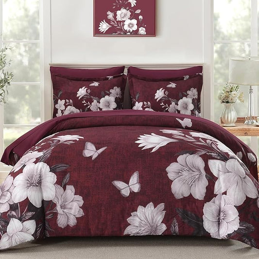 Floral King Size Comforter Set, 7 Pieces Burgundy Bed in a Bag, Elegant Floral Butterfly Comforter and Sheet Set, Soft Microfiber Bedding Sets for All Seasons(Burgundy,104"x90")
