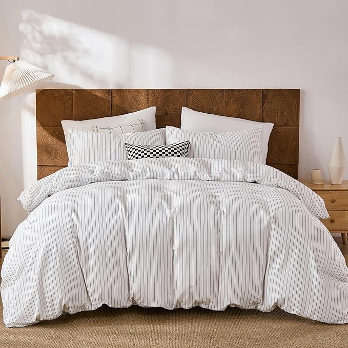 Merryword 100% Cotton Duvet Cover Set Queen Size, Black Pinstripe Duvet Cover Set with Zipper Closure & 8 Corner Ties, Soft Lightweight Comforter Cover, Luxury Linen Like Bedding for All Seasons