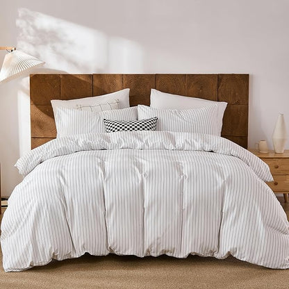Merryword 100% Cotton Duvet Cover Set Queen Size, Black Pinstripe Duvet Cover Set with Zipper Closure & 8 Corner Ties, Soft Lightweight Comforter Cover, Luxury Linen Like Bedding for All Seasons