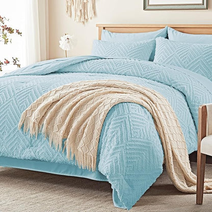 Zzlpp Queen Comforter Set 7 Pieces, Light Blue Tufted Bed in a Bag with Comforter and Sheets,All Season Boho Bedding Sets with Comforter, 2 Pillow Shams, 2 Pillowcases, 1 Flat Sheet, 1 Fitted Sheet