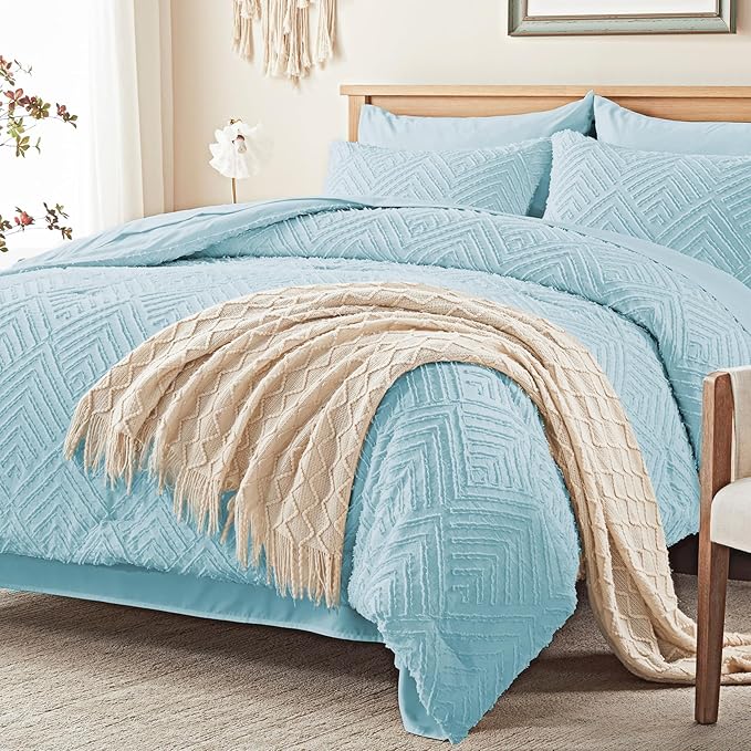 Zzlpp King Comforter Set 7 Pieces, Light Blue Tufted Bed in a Bag with Comforter and Sheets, All Season Boho Bedding Sets with Comforter, 2 Pillow Shams, 2 Pillowcases, 1 Flat Sheet, 1 Fitted Sheet