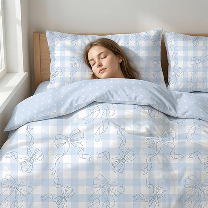Blue Gingham Queen Comforter Set 3 Pcs Bow Bedding Set for Girls Checkered Plaid Comforter Set with 2 Pillowcases, 90"x90"