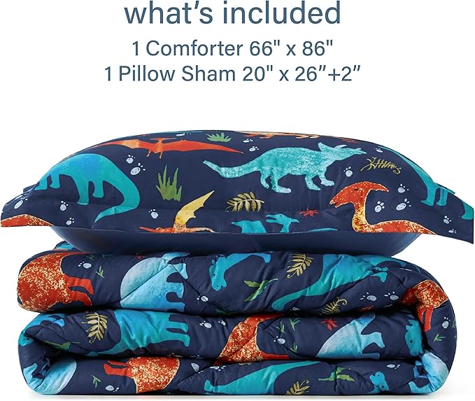 Twin Dinosaur Kids Bedding Set for Boys, 2 Pieces Twin Dinosaur Kids Comforter Sets for Boys, Super Soft Lightweight for All Seasons, Includes 1 Comforter (66"x86") and 1 Pillowcase(20"x26"+2")
