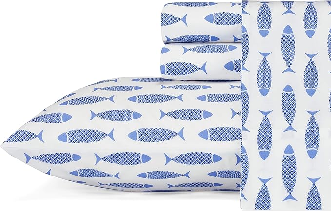 Nautica - Queen Sheets, Cotton Percale Bedding Set, Crisp & Cool, Coastal Home Decor (Woodblock Fish Blue, Queen)