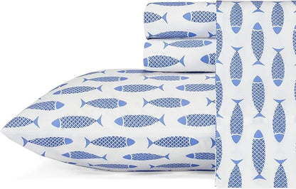 Nautica - Queen Sheets, Cotton Percale Bedding Set, Crisp & Cool, Coastal Home Decor (Woodblock Fish Blue, Queen)