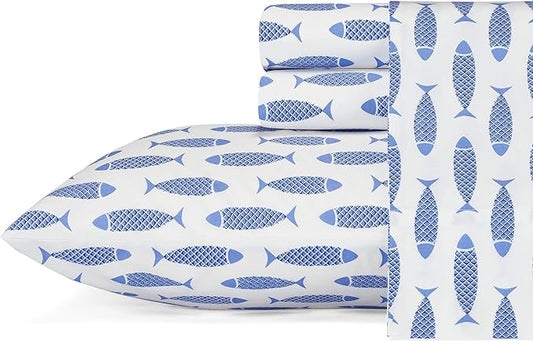 Nautica - Queen Sheets, Cotton Percale Bedding Set, Crisp & Cool, Coastal Home Decor (Woodblock Fish Blue, Queen)