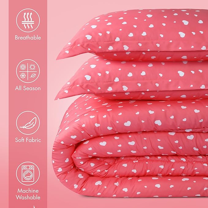Utopia Bedding Heart Pink Kids Comforter Set with 2 Pillow Shams, 3 Piece Soft Microfiber Twin Bed Comforter with Pillow Shams, Printed Kids Bedding for Boys and Girls, Breathable,Easy Care