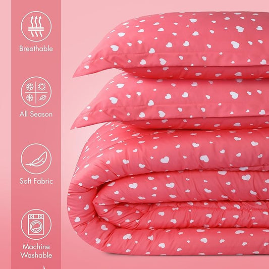 Utopia Bedding Heart Pink Kids Comforter Set with 2 Pillow Shams, 3 Piece Soft Microfiber Twin Bed Comforter with Pillow Shams, Printed Kids Bedding for Boys and Girls, Breathable,Easy Care