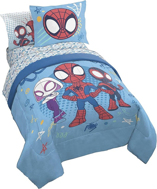 Jay Franco Kids Comforter Set Includes Sheets and Pillow Covers - Soft and Cozy Bed Set for Stylish Room Decor, Light Blue - Spidey & His Amazing Friends, 5 Piece Twin Bedding