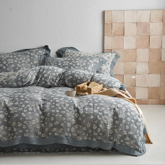 mixinni Leopard Duvet Cover King Size, Premium Yarn-Dyed Jacquard Cotton Duvet Cover with Grey Leopard Print, Farmhouse Bedding Set with 2 Pillowcases Perfect for Him and Her-(King Size, Grey)