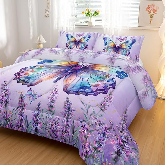 Lavender Comforter Set King Size,Violet Flower Butterfly 3 Piece Bedding Set Lightweight Down Alternative Spring Violet Bed Comforter and 2 Pillowcases for All Seasons