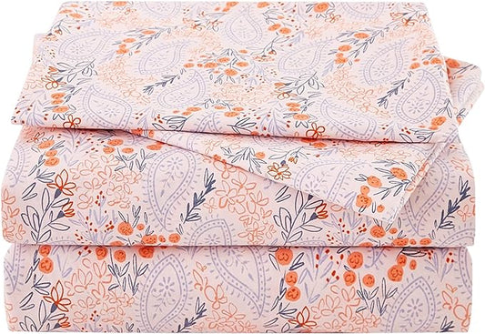 JSD Pink Paisley Floral Sheet Set Full Size, 4 Piece Soft Printed Microfiber Sheets Extra Deep Pocket