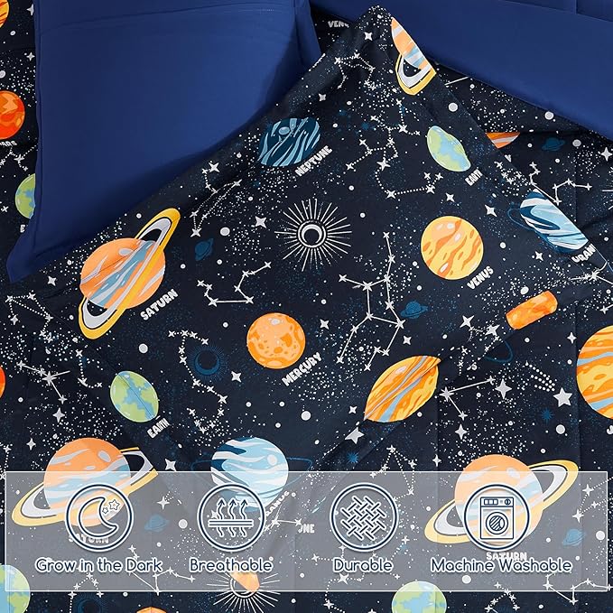 Twin Comforter Set for Boys-3 Pieces Space Glow in the Dark Twin Bedding Sets for Kids,1 Comforter,1 Sham and 1 Decor Pillow