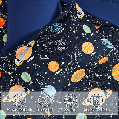 Twin Comforter Set for Boys-3 Pieces Space Glow in the Dark Twin Bedding Sets for Kids,1 Comforter,1 Sham and 1 Decor Pillow
