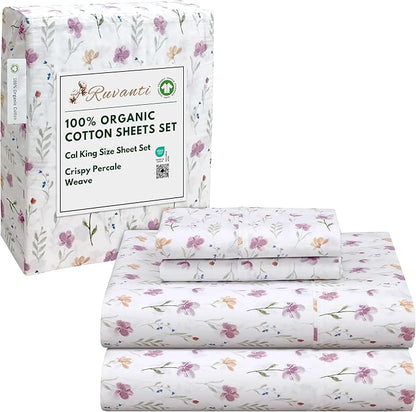 RUVANTI 100% Organic Cotton Sheets California King, Percale Weave, GOTS Certified, 4-Piece Set, Deep Pocket 13", Crisp & Breathable, Soft Durable Bedding, Sábanas Algodón Orgánico – Obsessed Stems