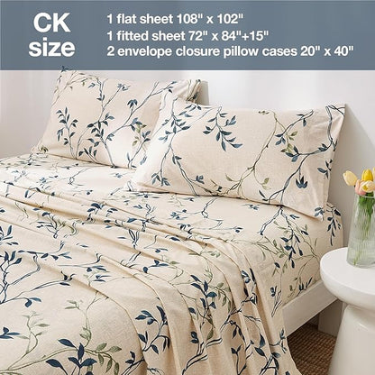 JSD Beige Leaves Print Sheet Set Cal King, 4 Piece Soft Botanical Microfiber Sheets Extra Deep Pocket Wrinkle Free
