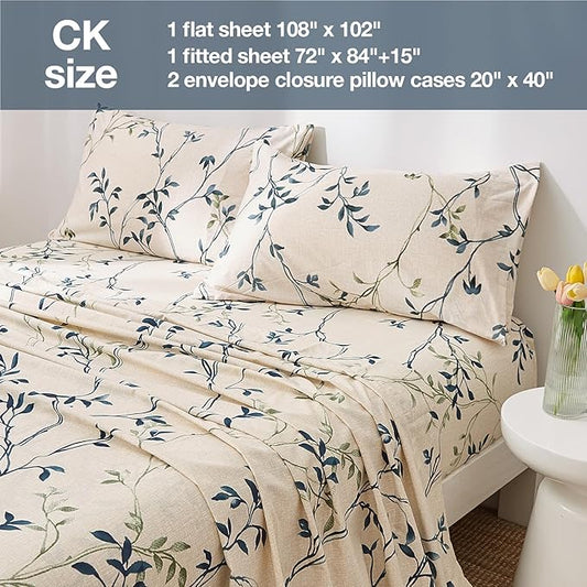 JSD Beige Leaves Print Sheet Set Cal King, 4 Piece Soft Botanical Microfiber Sheets Extra Deep Pocket Wrinkle Free