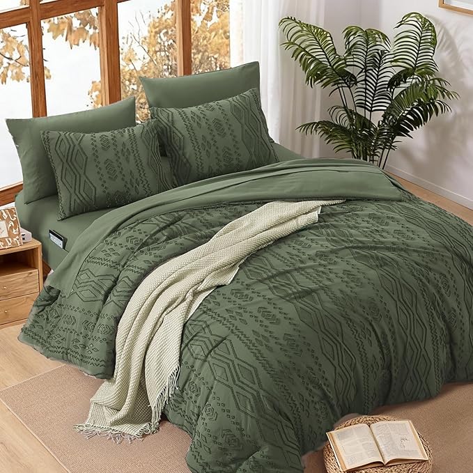 WRENSONGE Full Size Comforter Set with Sheets - 7 PiecesOlive Green Tufted Bed in a Bag Full Shabby Chic Bedding Sets with 1 Comforter, 2 Sheets, 2 Pillowcases & 2 Shams