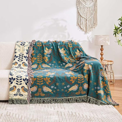 Boho Throw Blanket, 100% Cotton Ultra Soft Luxury Fall Throw Rustic Quilt, 50"x60" Floral Printed Farmhouse Decor Bed Summer Blankets, All Season Rustic Reversible Bohemian Throw for Bed