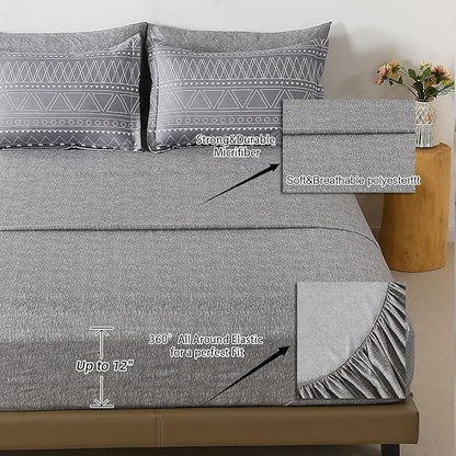 WONGS BEDDING Grey Boho Comforter Set Queen Size,Dark Grey Bed in a Bag 7 Pieces Texture Stripe Comforter Reversible Soft Microfiber Bedding Set for All Season with Sheets, Pillowcases & Shams