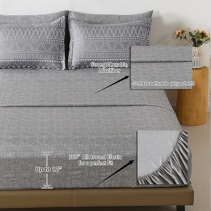 WONGS BEDDING 7 Pieces Grey Boho Comforter Set King Size,Dark Grey Texture Geometric Bed in a Bag Comforter Reversible Soft Microfiber Bedding Set with Pillowcases & Shams,Flat Sheet,Fitted Sheet