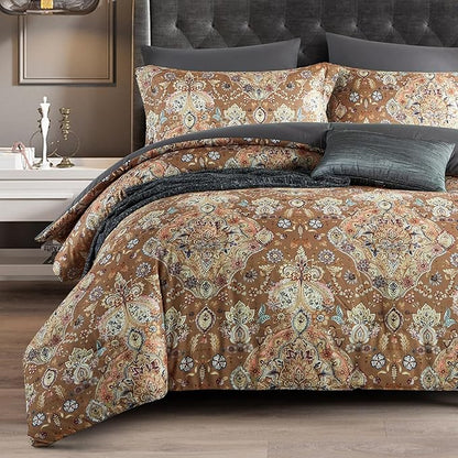 Cupocupa King Duvet Cover Set - 3pc Boho Paisley Floral Bedding - Vintage Botanical Leaf Print Soft Microfiber - All-Season Breathable Quilt Cover with Zipper & Corner Ties (King, 104"x90")