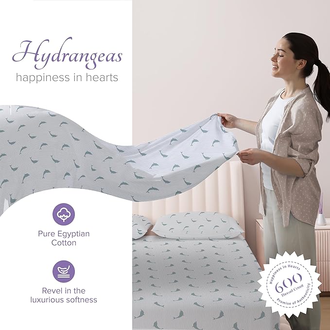 Carressa Linen Luxury Egyptian Cotton King Printed Sheet Set - 600 Thread Count Extra Long Staple 4 PC Set, Dolphin Dance King Printed Sheets, Soft, Cooling Sateen Weave Sheets Upto 18 in Deep Pocket