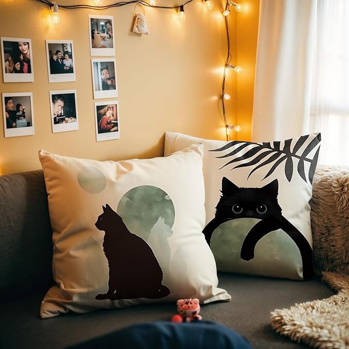 Sage Green Cat Throw Pillow Covers 18x18 Set of 2, for Cat Lovers,Boho Black Cat Pillowcases, Aesthetic Green and Black Decor for Dorm Bedroom Office(01)