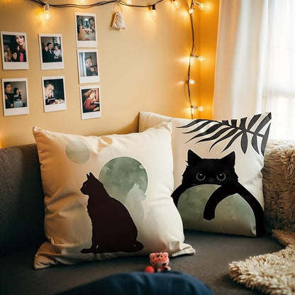 Sage Green Cat Throw Pillow Covers 18x18 Set of 2, for Cat Lovers,Boho Black Cat Pillowcases, Aesthetic Green and Black Decor for Dorm Bedroom Office(01)