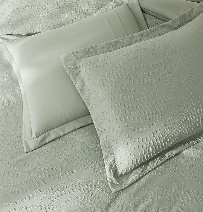 Geniospin Queen Comforter Set - 7 Pieces Botanical Textured Sage Green Bedding Sets, Shabby Chic Comforter Set, All Season Lightweight Bed in a Bag with Comforter, Sheets, Pillowcases & Shams