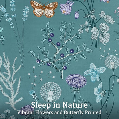 Yiran Queen Comforter Set, 7 Pieces Mineral Blue Floral Soft Bedding Sets, Queen Bed in a Bag with Botanical Flowers All Season Comforter, Sheets, Pillowcases & Shams