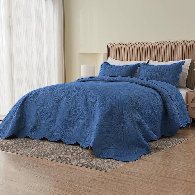 Kingnex Oversized King Bedspreads 128x120 for Extra Wide Tall King or Cal King Bed Ultrasonic Quilted Coverlet Set 3 Piece Include 1 Quilt 2 Pillowcases Navy