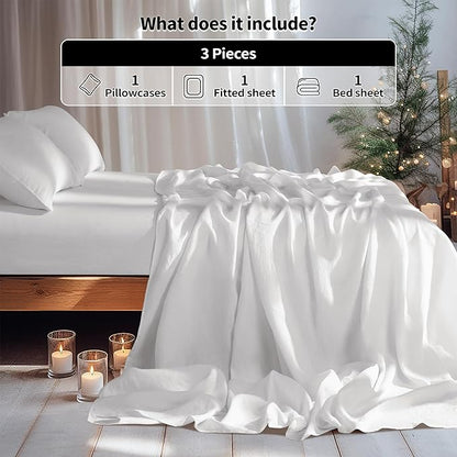 LBRO2M 100% Pure Linen Sheet Set Deep Pocket Up to 16" Bed Sheets Sets, Natural Flax Beddings Soft, Breathable, Comfortable for All Seasons Twin Size, White