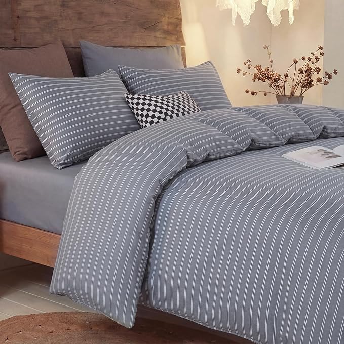 Bedbay Grey Striped Duvet Cover Set King Size, 100% Cotton Sateen Bedding Set, Modern Minimalist Hotel Style 3 Piece Duvet Cover, Soft Breathable All-Season Bedding
