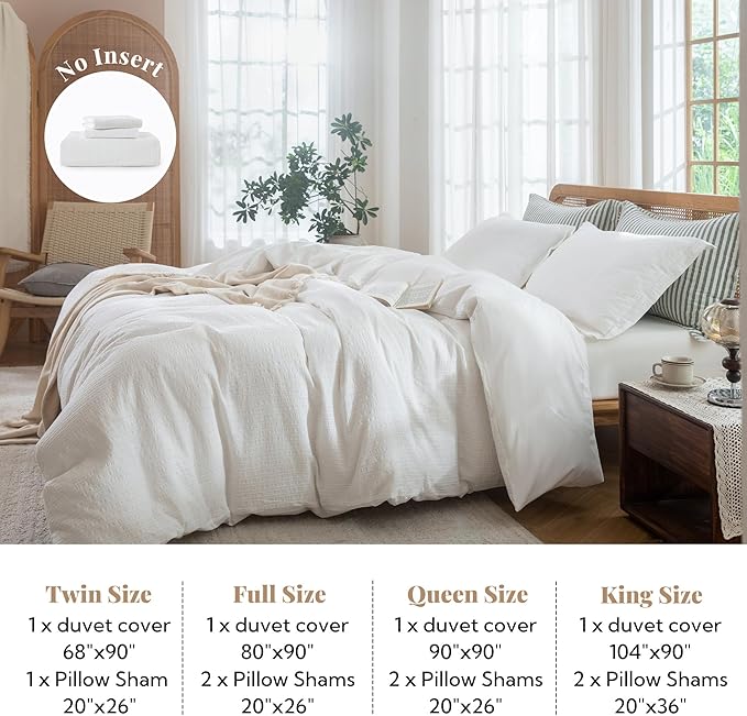 MILDLY White Boho Duvet Cover Set - 100% Washed Cotton Jacquard Stripe Textured Comforter Cover with Zipper Closure 90"x90"