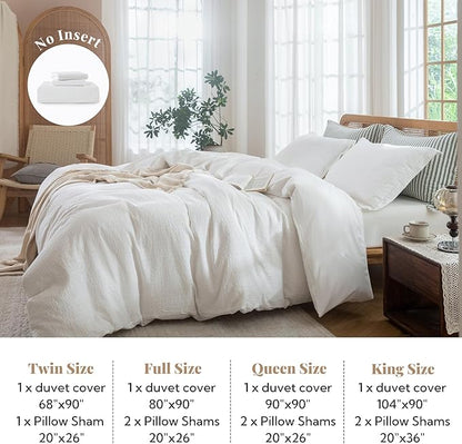 MILDLY White Boho Duvet Cover Set - 100% Washed Cotton Jacquard Stripe Textured Comforter Cover with Zipper Closure 80"x90"